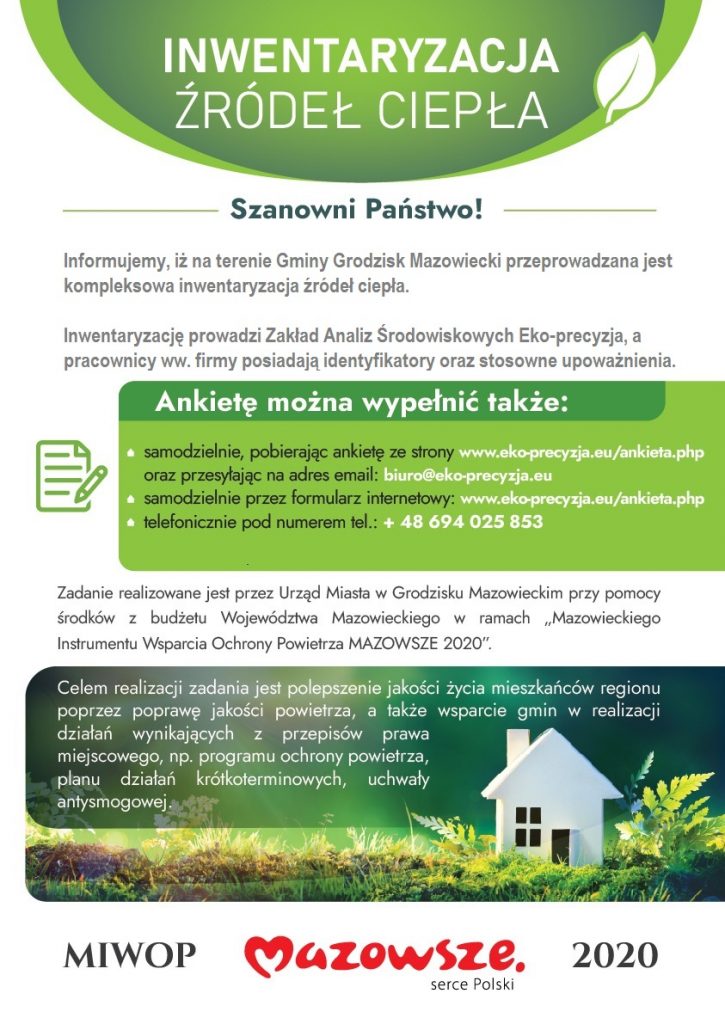Plakat informujący o inwenteryzacji ciepła w gminie Grodzisk Mazowiecki